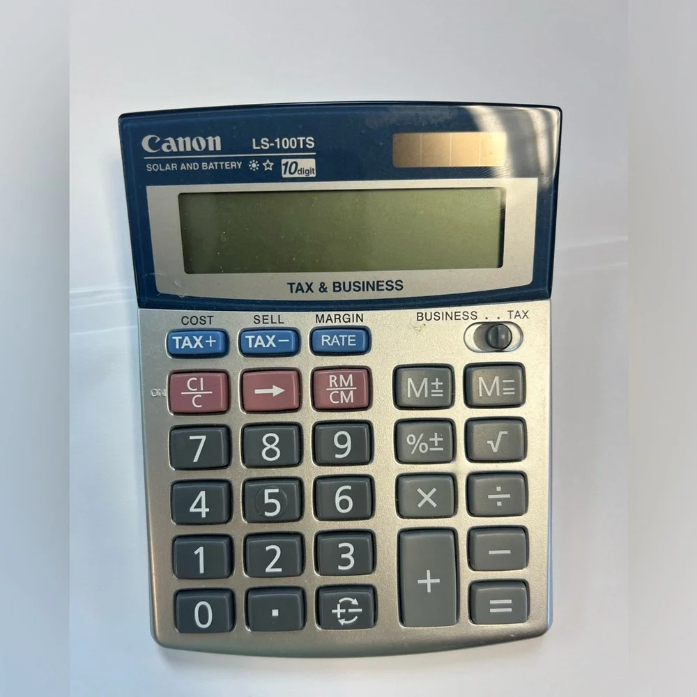 Canon LS-100TS 10-digit solar and battery calculator for tax and business use.